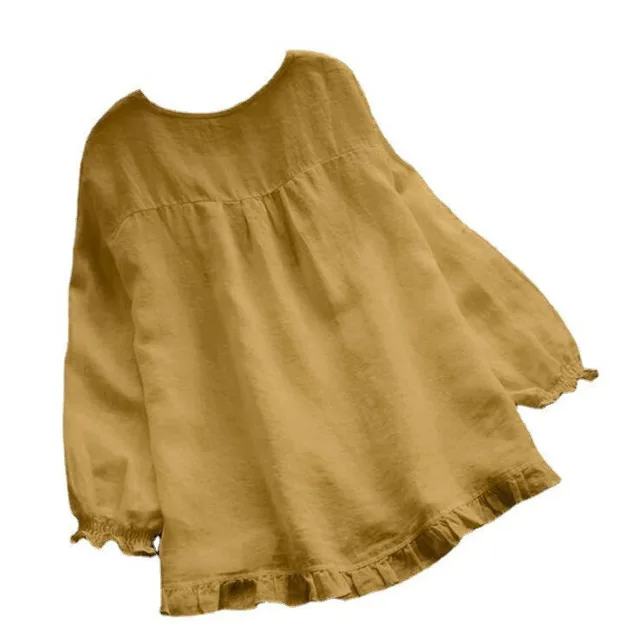 Long Sleeve Ruffled Bottom Cuff Loose fitting Women's Cotton Linen Solid Color Round Neck Shirt Yellow - Shop at LoveMi