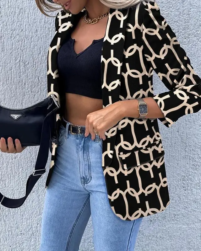 Women's Solid Color Long sleeved Top Jacket Small Suit Black Background Yellow Chain - Shop at LoveMi