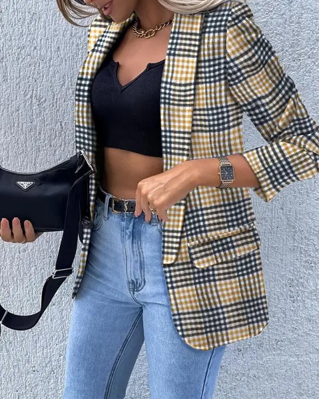 Women's Solid Color Long sleeved Top Jacket Small Suit Plaid - Shop at LoveMi
