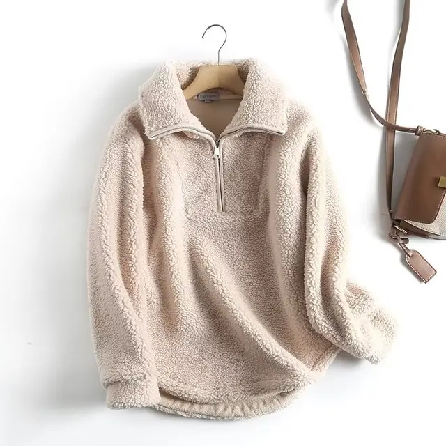 Women's Simple Casual Sweatshirt Zipper Collar Lamb Wool Loose Pullover Coat - Shop at LoveMi