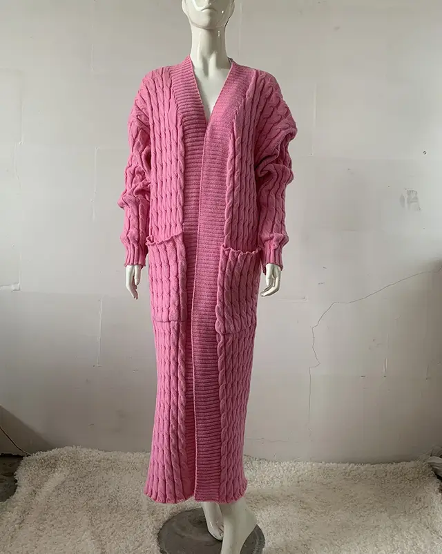 Long Knitwear Cardigan Pocket A Long Sweater Thickened Coat European And American Pink - Shop at LoveMi