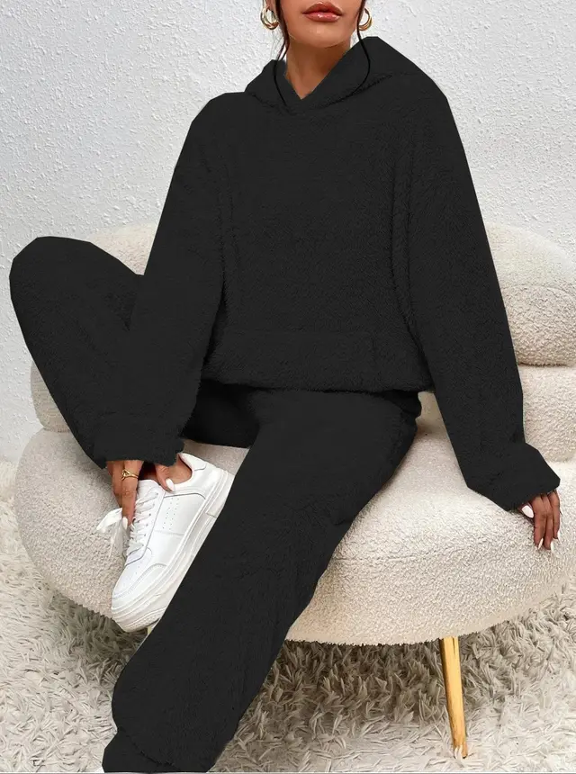 Winter Plush Pajama Set Fashion Casual Hooded Top And Elastic Band Pants Warm Sofa Carpet Home Clothes Women's Trousers Set Clothing Black - Shop at LoveMi