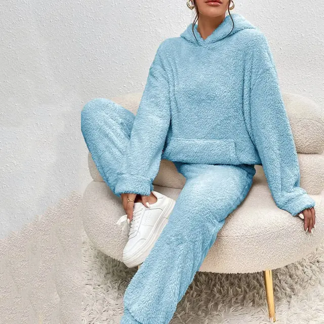 Winter Plush Pajama Set Fashion Casual Hooded Top And Elastic Band Pants Warm Sofa Carpet Home Clothes Women's Trousers Set Clothing Blue - Shop at LoveMi