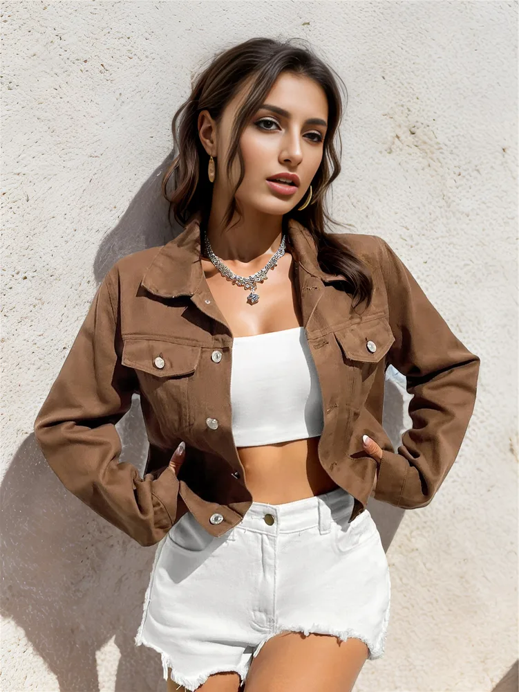 New Denim Top Women's Short Coat - Deep Coffee