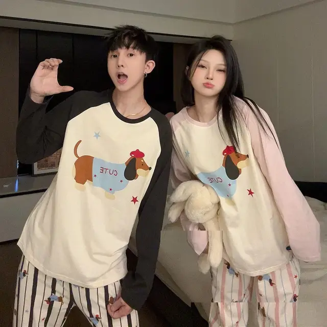 Cartoon Casual Cute Dachshund Couple Pajamas Women Female - Shop at LoveMi