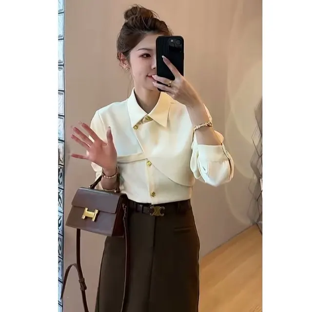 Solid Color Asymmetrical Elegant Lapel Long Sleeved Shirt White - Shop at LoveMi