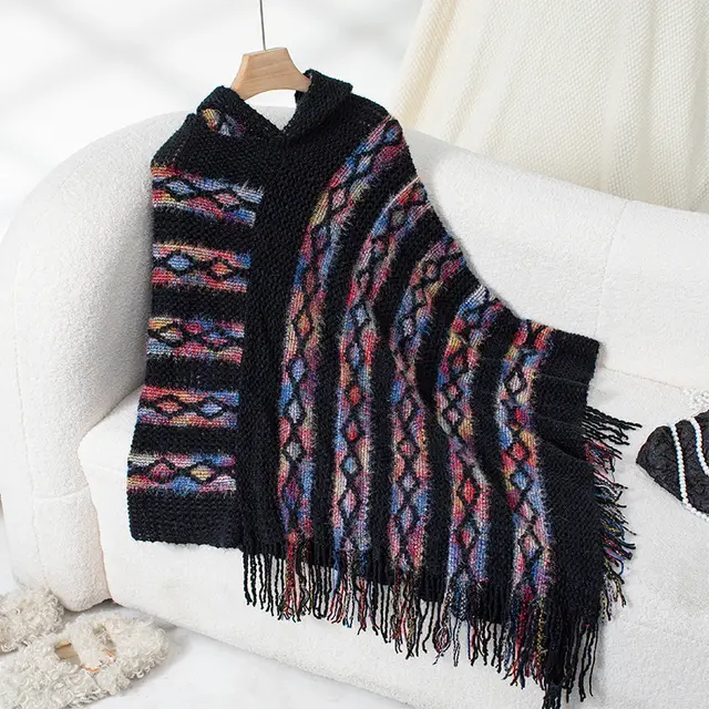 Fashionable Knitted Tassel Cape And Shawl Female Black - Shop at LoveMi