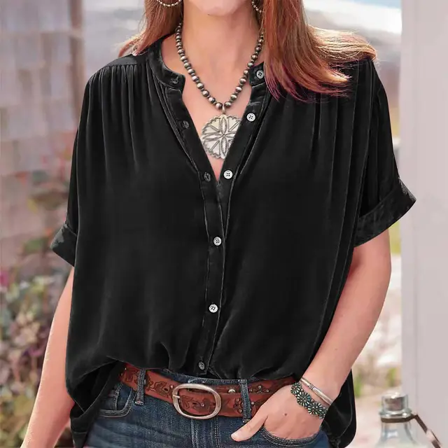 Women's Solid Color Short sleeved Round Neck Shirt Black - Shop at LoveMi