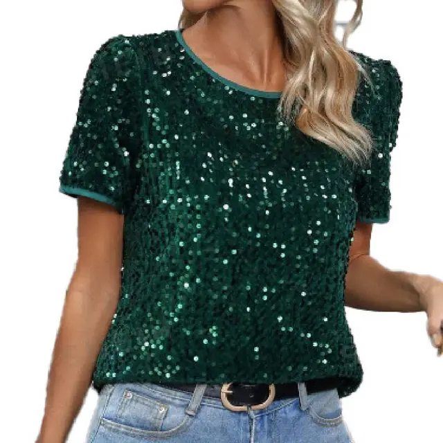 Women's Fashion Personalized Sequined Round Neck T shirt Dark Green - Shop at LoveMi