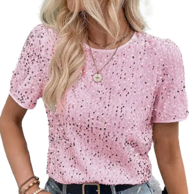 Women's Fashion Personalized Sequined Round Neck T shirt Pink - Shop at LoveMi