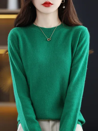 Slim Fit Solid Color Round Neck Base Pullover Sweater Emerald - Shop at LoveMi