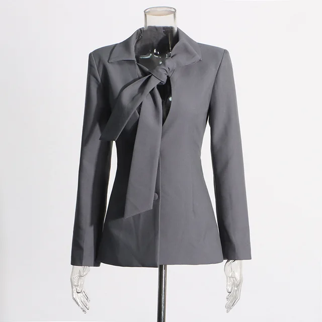 V neck Lace up Single breasted Design Blazer For Women Gray - Shop at LoveMi