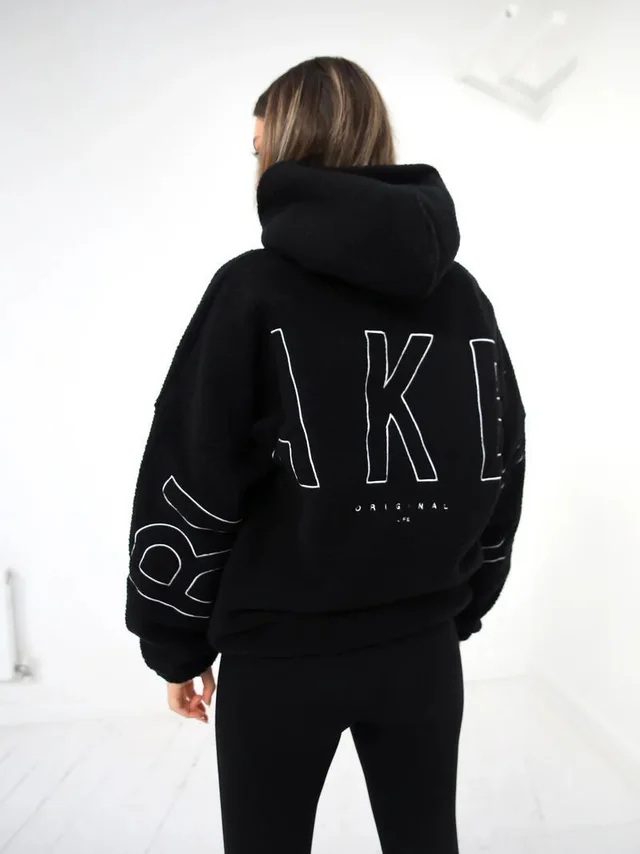 Women's Simple Loose Embroidered Lamb Fleece Coat Black - Shop at LoveMi