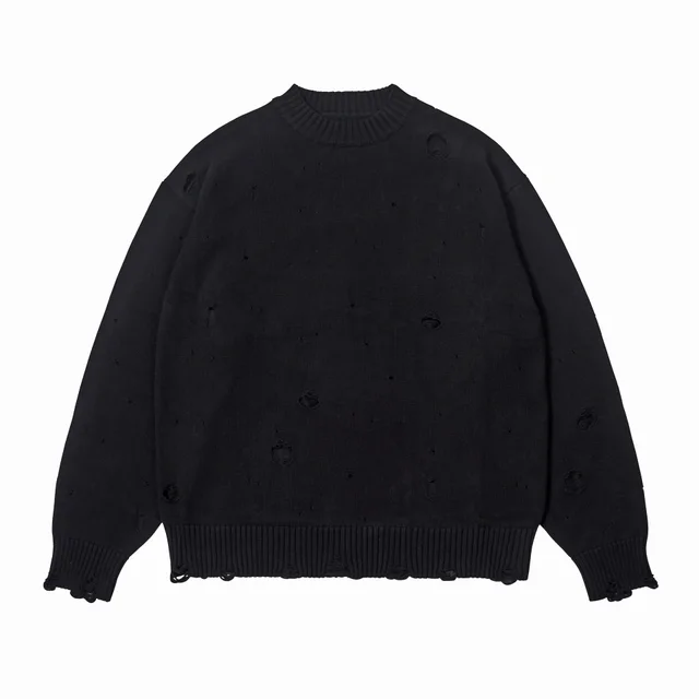 Autumn And Winter New Round Neck Knitwear Ripped Leisure Loose Sweater Chestnut Gray - Shop at LoveMi