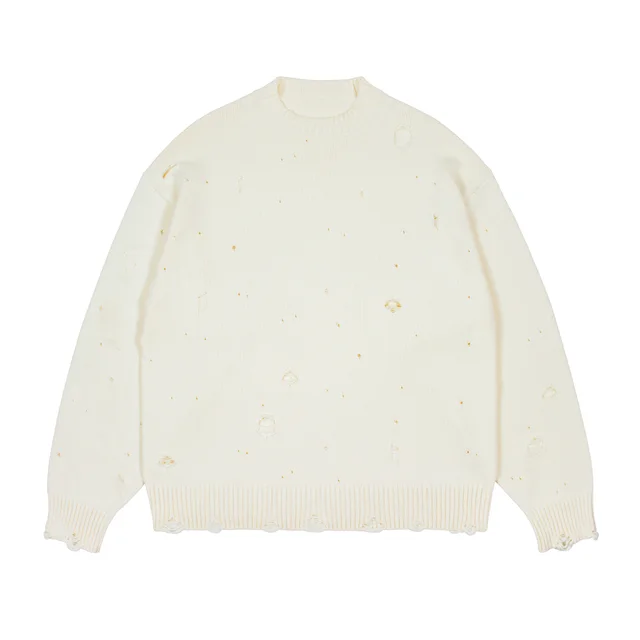 Autumn And Winter New Round Neck Knitwear Ripped Leisure Loose Sweater Pure White - Shop at LoveMi