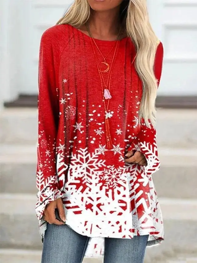 Women's Long Sleeve Round Neck Loose T shirt Red - Shop at LoveMi