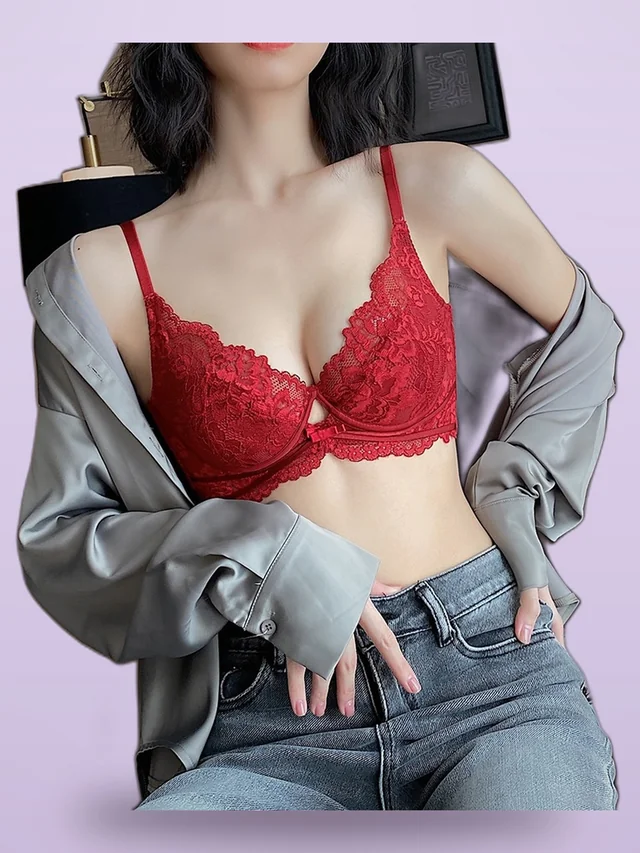 Lace Soft Steel Ring Bra Set Show Sexy Gather Thin Underwear Anti sagging Wine Red Single Piece - Shop at LoveMi