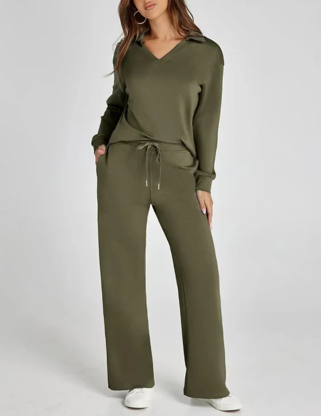 Loose V neck Drawstring Elastic Waist Speaker Set Army Green - Shop at LoveMi