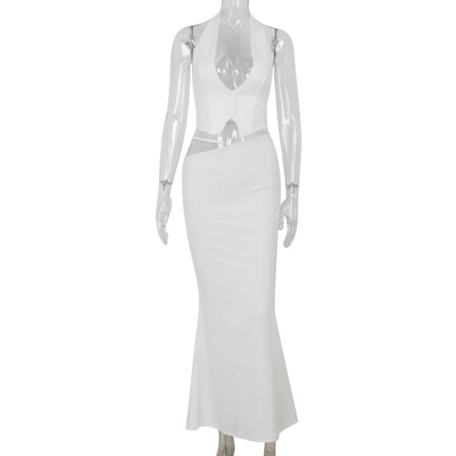 Fashion Halter Backless Vest Top Temperament Slimming Fishtail Skirt Suit White - Shop at LoveMi