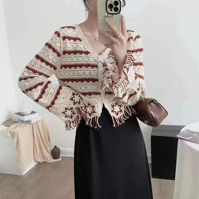 Women's Thin Hook Flower Pullover 1563 Red - Shop at LoveMi