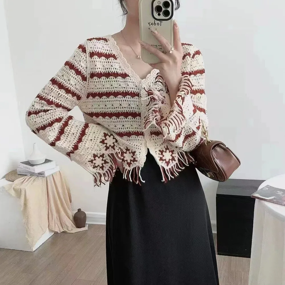 Women's Thin Hook Flower Pullover - 1563 Red