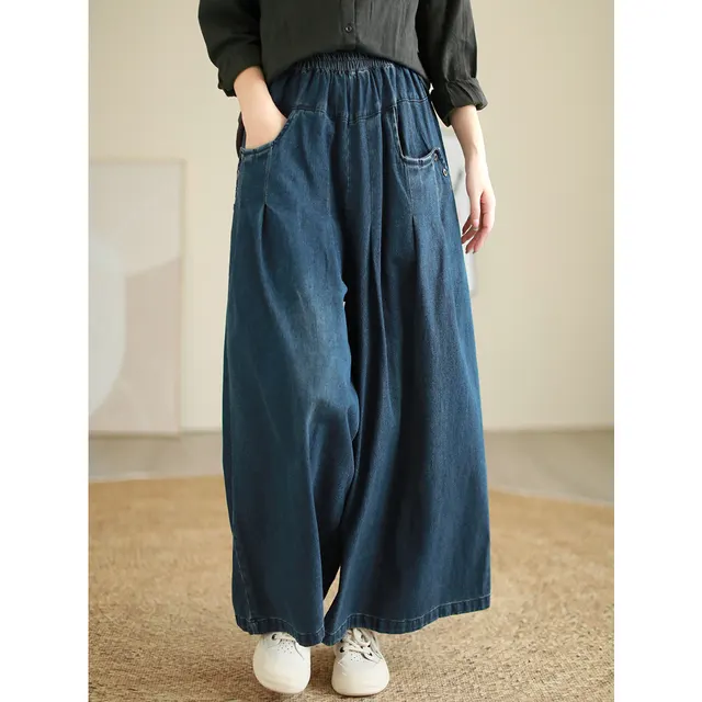 Wide leg Jeans Elastic Waist Washed Wear white Loose Slimming And All matching Trousers For Women Blue - Shop at LoveMi