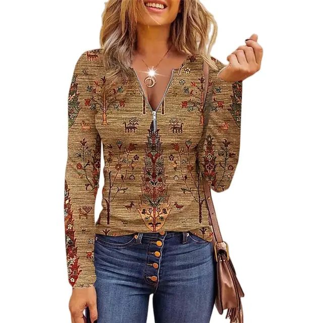 Women's Long Printed Zipper Bottoming Shirt Top Brown - Shop at LoveMi
