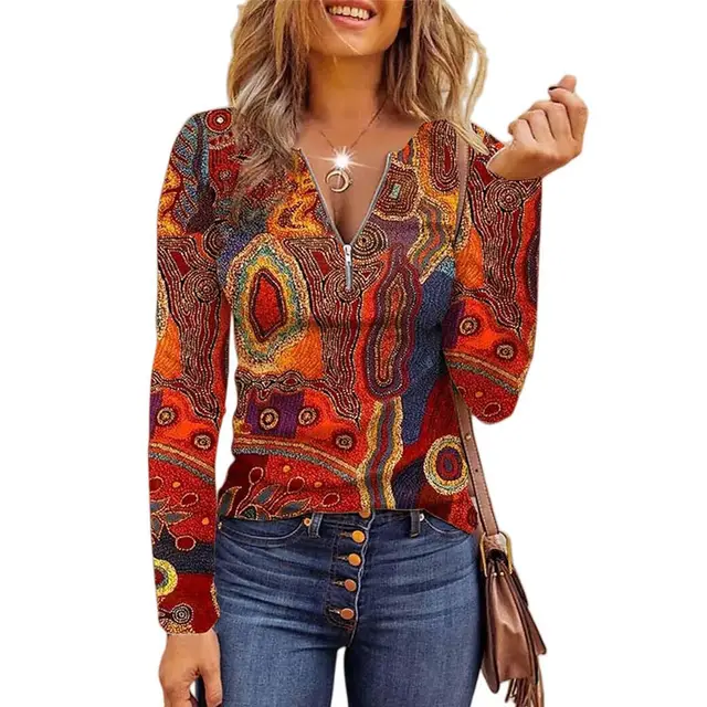 Women's Long Printed Zipper Bottoming Shirt Top Red - Shop at LoveMi