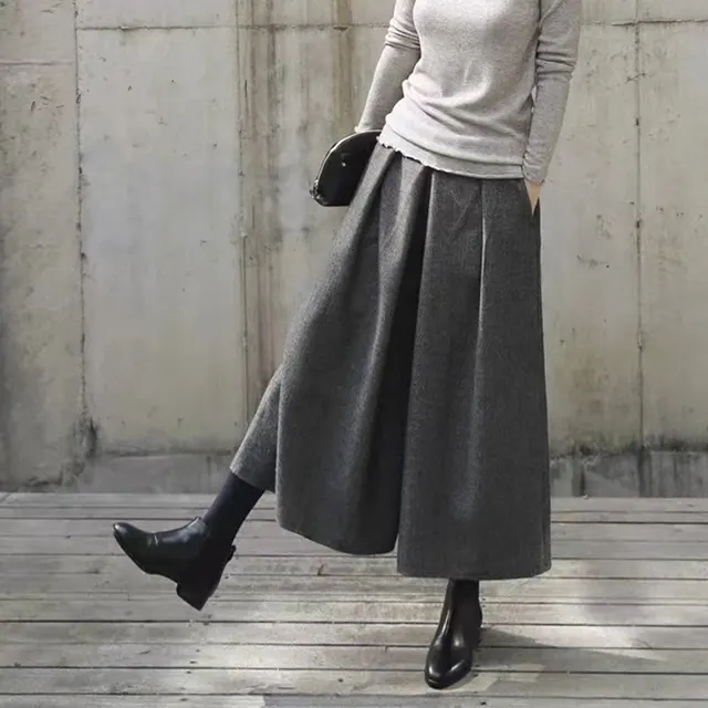 Women's Pants Western Style Culottes Loose Waist Trimming Wide Leg Dark Gray - Shop at LoveMi
