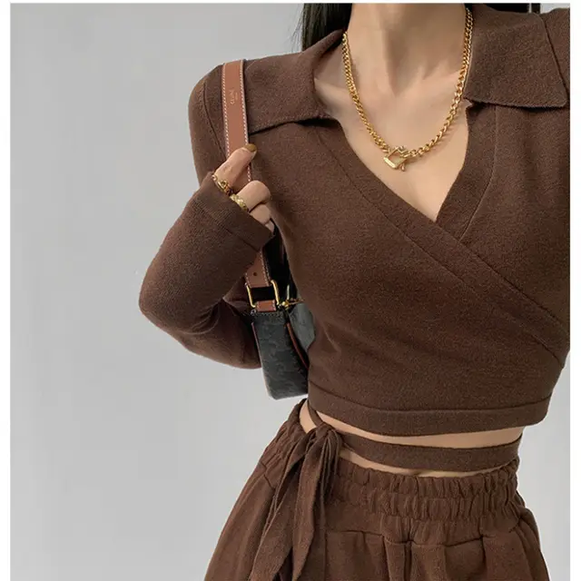 Women's Waist Cross Strap Bottoming Shirt Coffee - Shop at LoveMi