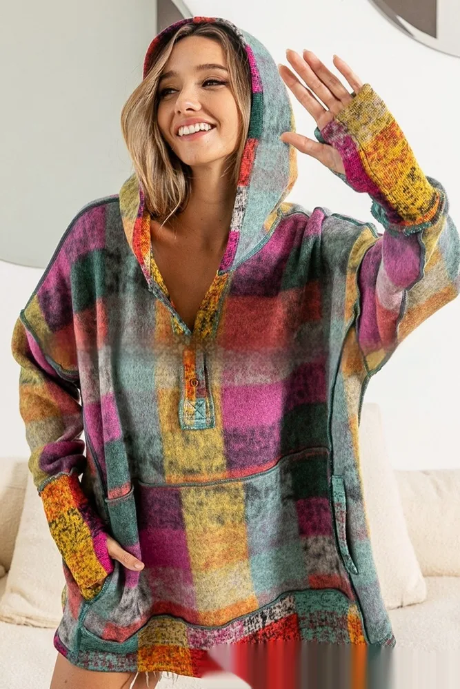 Fashion Color Plaid Hooded Pullover Fleece Sweater Women's Clothing Red - Shop at LoveMi