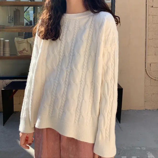 Knitted Cable knit Pullover Sweater Women's Tops Winter Loose And Idle Women's Beige - Shop at LoveMi