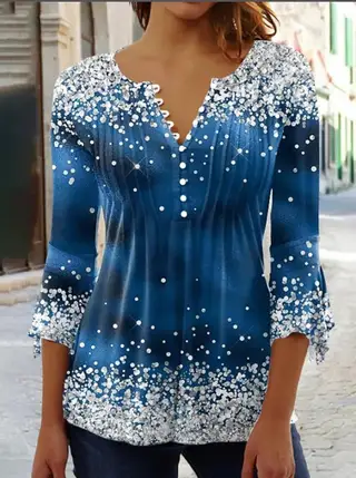 Women's 3d Digital Printing Button T-shirt V-neck Top - 16Blue