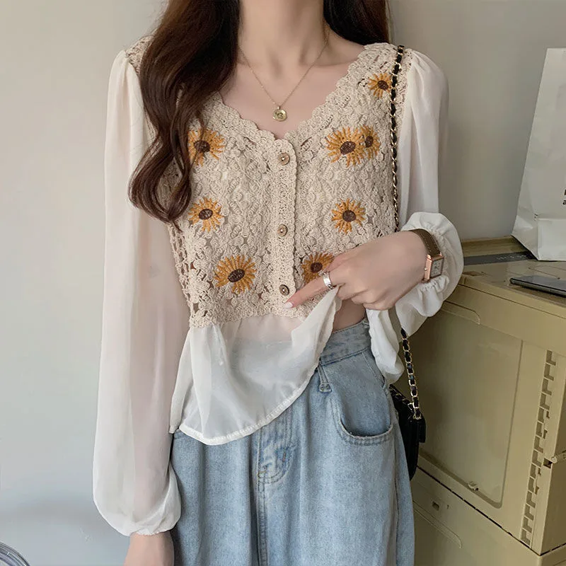 Early Autumn National Style Top Hollow Design Sunflower Embroidery Slightly Breathable Western Style Small Shirt Outer Wear - Apricot