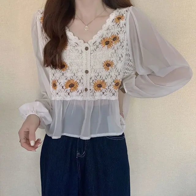 Early Autumn National Style Top Hollow Design Sunflower Embroidery Slightly Breathable Western Style Small Shirt Outer Wear White - Shop at LoveMi