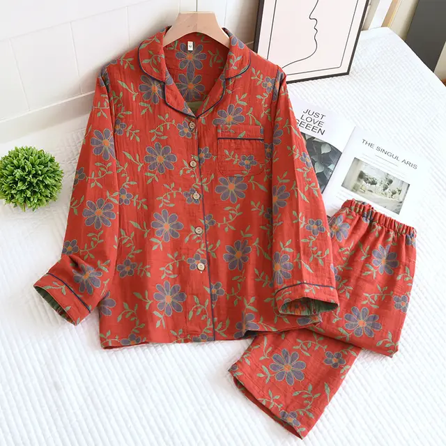 Women's Spring And Autumn Lapel Rose Double layer Cotton Yarn Long Sleeves Home Wear Suit Big Red Sunflower - Shop at LoveMi
