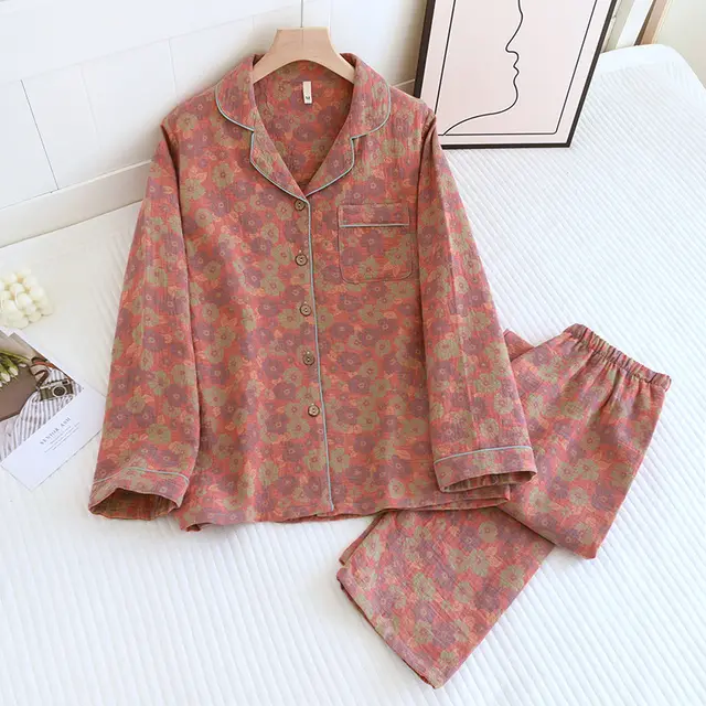 Women's Spring And Autumn Lapel Rose Double layer Cotton Yarn Long Sleeves Home Wear Suit Pink Hibiscus Flower - Shop at LoveMi