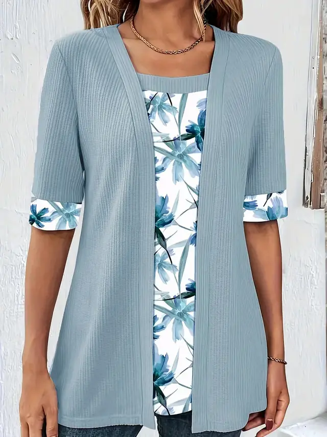 Women's Fake Two Pieces Short Sleeve Printed Top T shirt Light Blue - Shop at LoveMi