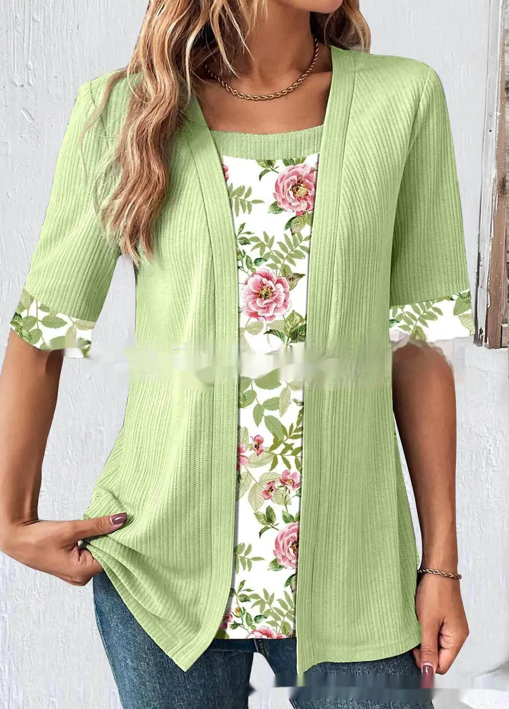 Women's Fake Two Pieces Short Sleeve Printed Top T-shirt - No 2 Color