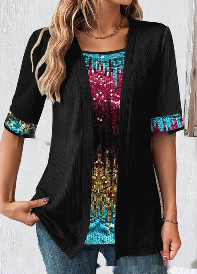 Women's Fake Two Pieces Short Sleeve Printed Top T shirt No 8 Color M - Shop at LoveMi