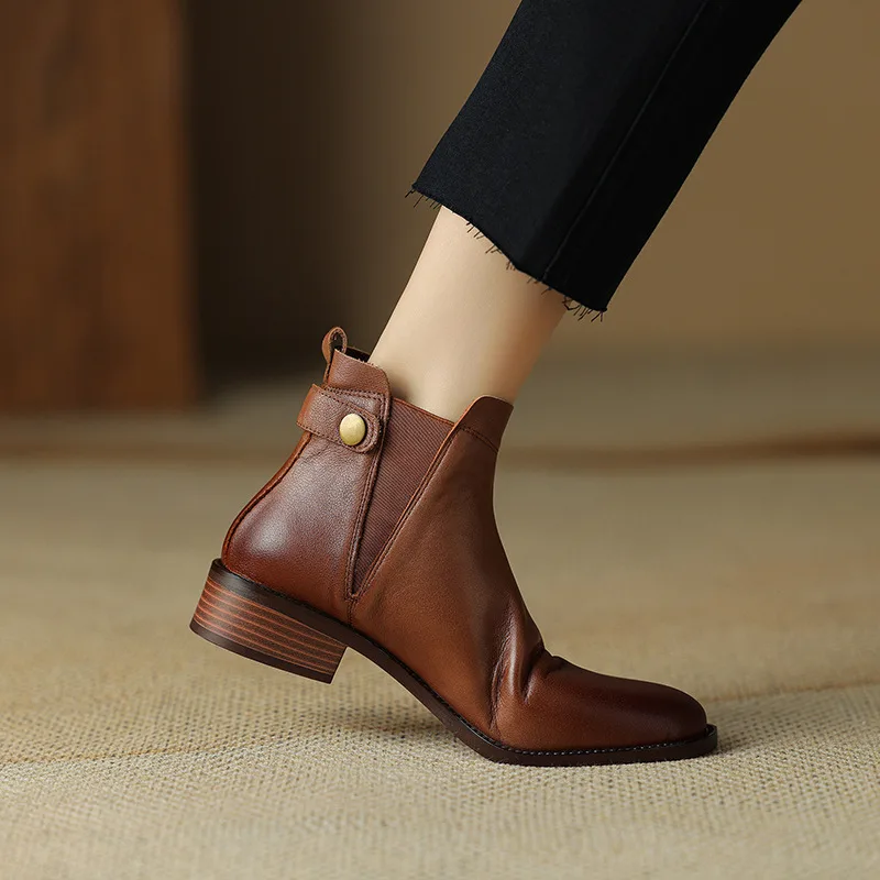 Soft Leather And Velvet Ankle Boots Flat Ankle Boots Mid Heel Round Head Chelsea Brown - Shop at LoveMi