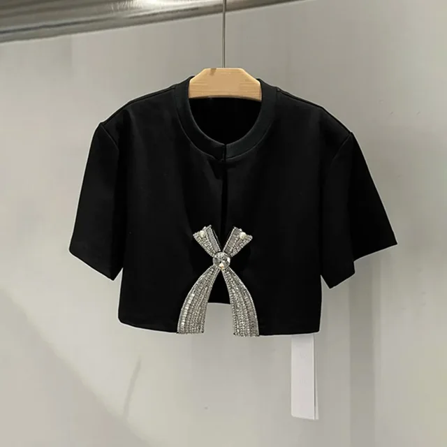 Fashion Simple Rhinestone Bow Short Sleeve T shirt For Women Black - Shop at LoveMi