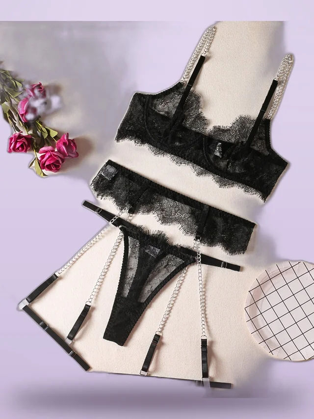 Sexy Lace Bra Fashion Metal Chain Garter Underwear Sets Black - Shop at LoveMi