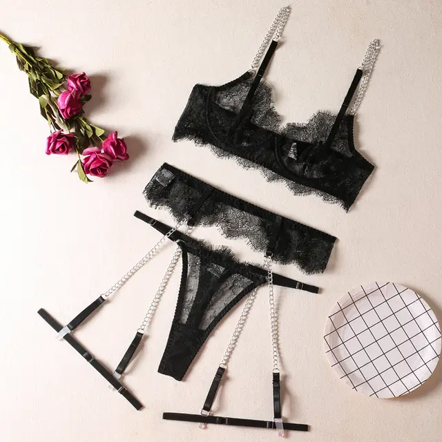 Sexy Lace Bra Fashion Metal Chain Garter Underwear Sets Black - Shop at LoveMi