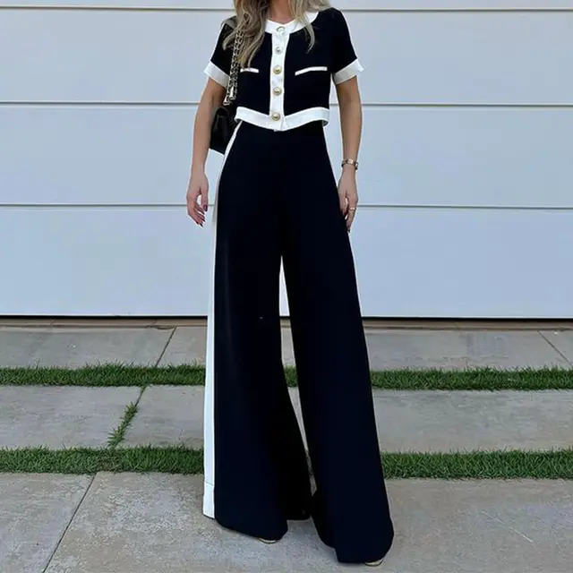 Commuter T shirt Shory Style Top Straight leg Pants Suit Two piece Set Black - Shop at LoveMi