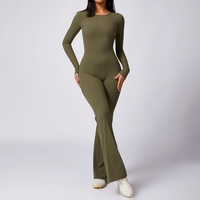Leisure Horn Long Sleeve Yoga Jumpsuit Naked Women Feeling Tight Quick drying Sports Workout Moss Green - Shop at LoveMi