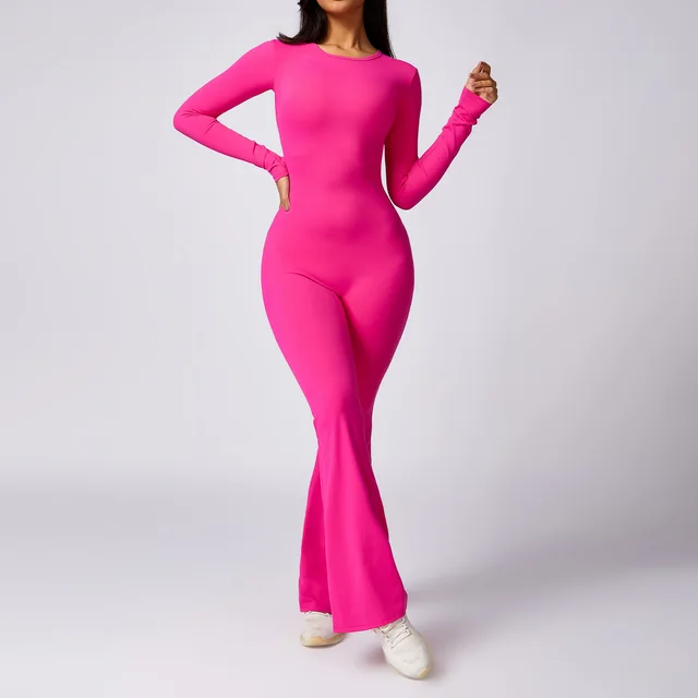 Leisure Horn Long Sleeve Yoga Jumpsuit Naked Women Feeling Tight Quick drying Sports Workout Pitaya Color - Shop at LoveMi