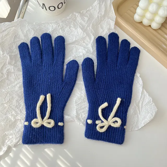 Autumn And Winter New Bow Pure Color Warm Keeping Finger Gloves Blue - Shop at LoveMi