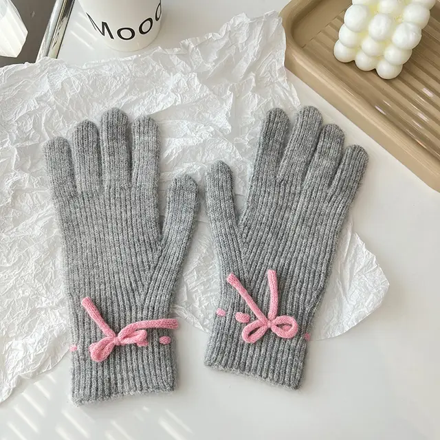 Autumn And Winter New Bow Pure Color Warm Keeping Finger Gloves Gray - Shop at LoveMi