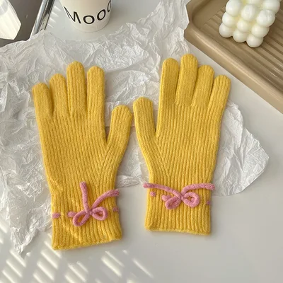 Autumn And Winter New Bow Pure Color Warm Keeping Finger Gloves Yellow - Shop at LoveMi